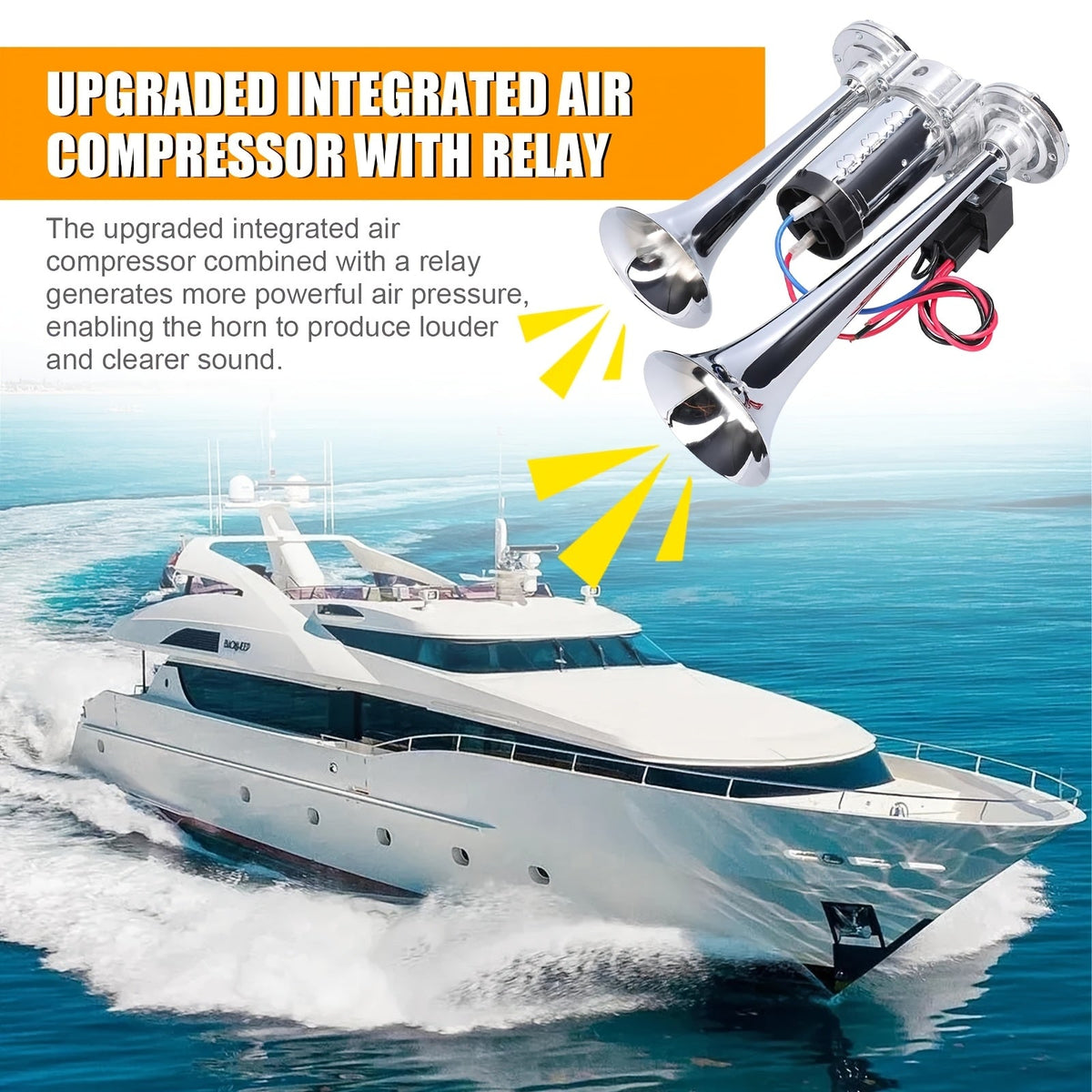 Avertisseur sonore double tube ultra-puissant 130 dB 12 V/24 V – Alliage d'aluminium avec compresseur, installation rapide pour camions, SUV, motos, bateaux et véhicules tout-terrain