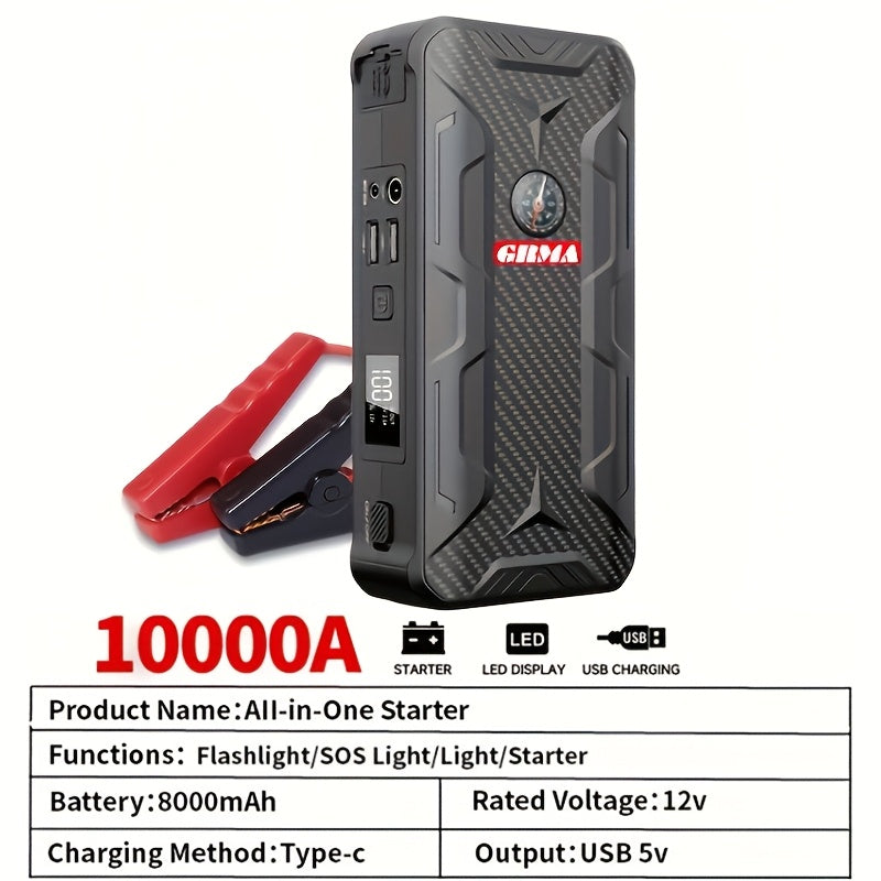 Démarreur de batterie portable pour voiture 2000 A – Booster sans fil 12 V pour démarrage rapide de moteurs essence (8,0 L) et diesel (6,5 L) avec entrée/sortie USB, lampe d'urgence LED – Accessoire auto et outil d'urgence