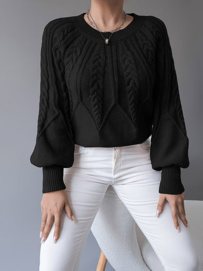 Women's Chunky Lantern Sleeve Sweater Crew Neck Textured Knit Pullover Cozy Fall Winter Sweater Khaki Apricot Black S-XXL