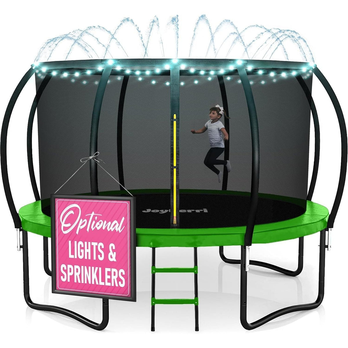 Trampoline d'extérieur JoyBerri avec filet de sécurité - Trampoline de jardin de 8 à 16 pieds pour enfants et adultes, cadre robuste antirouille, lumières LED, arroseur et échelle inclus | Cadeau de remise en forme amusant pour toute la famille