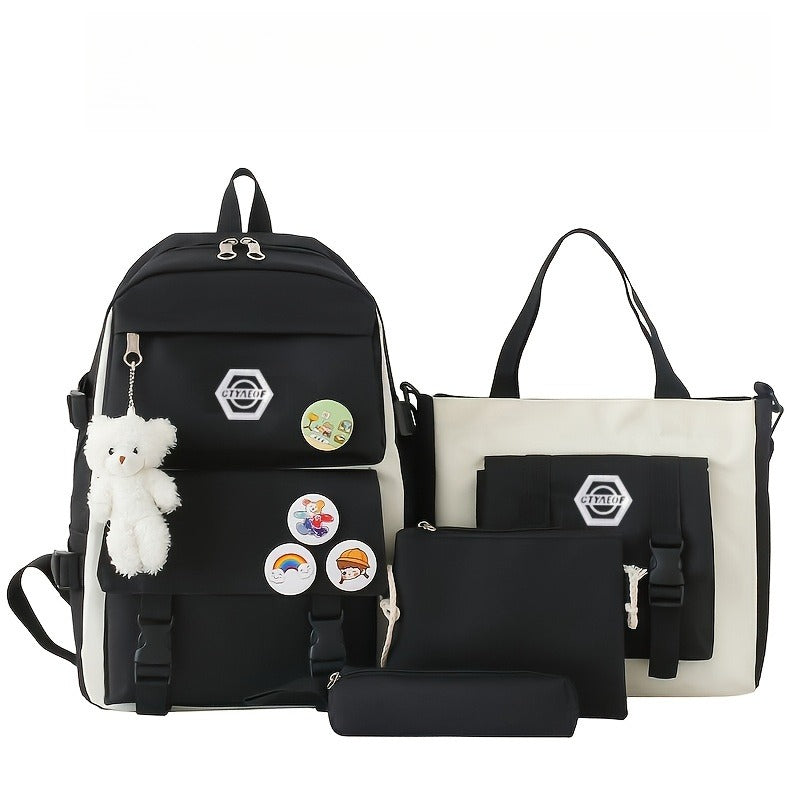 Ensemble de sac à dos scolaire pour fille 5 pièces, sac léger et mignon avec fourre-tout, trousse et porte-monnaie - Sac à dos étudiant durable pour l'école, la randonnée et un usage quotidien