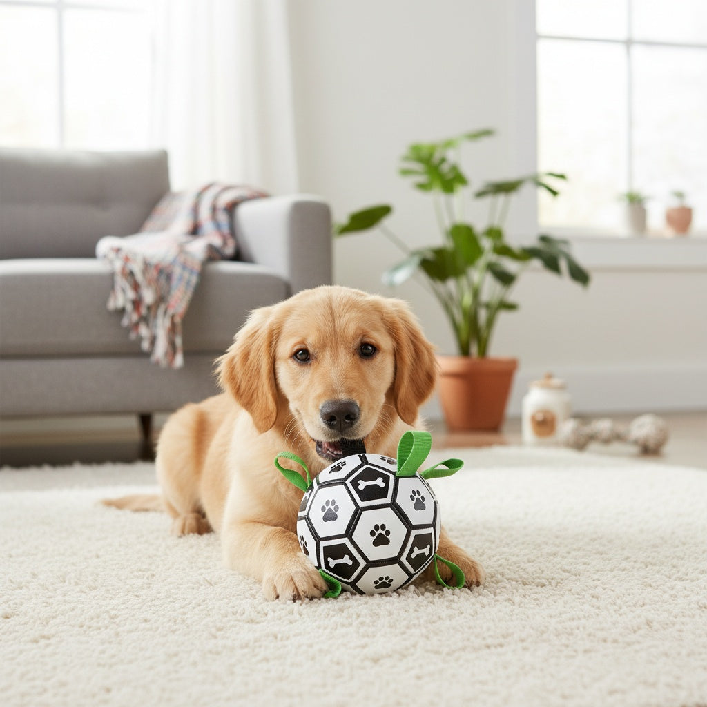 Jouet pour chien en forme de ballon de football avec sangles – Jouet durable pour jeux de traction et jeux d'eau pour chiens de petite et moyenne taille, inclut un embout de gonflage, cadeau idéal pour les chiots à Noël et pour les anniversaires