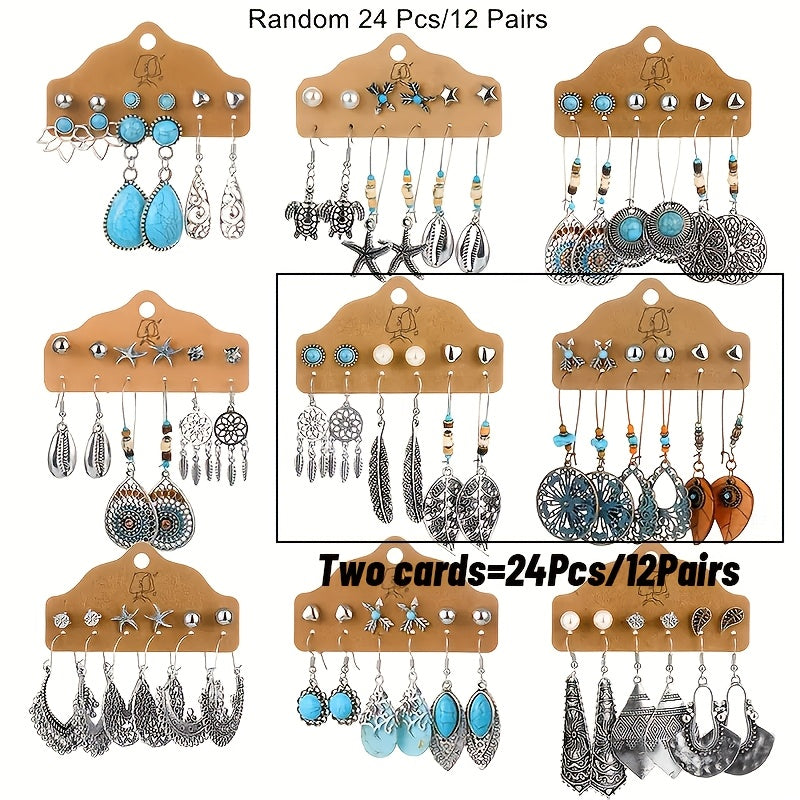 Lot de 12 paires de boucles d’oreilles pendantes bohèmes en turquoise pour femme – Boucles d’oreilles pendantes vintage feuilles et cœurs, cadeau idéal pour les fêtes, à porter au quotidien