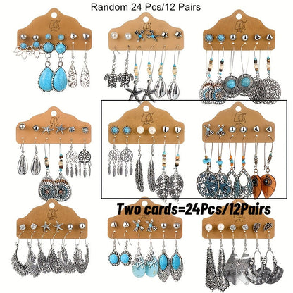 Lot de 12 paires de boucles d’oreilles pendantes bohèmes en turquoise pour femme – Boucles d’oreilles pendantes vintage feuilles et cœurs, cadeau idéal pour les fêtes, à porter au quotidien