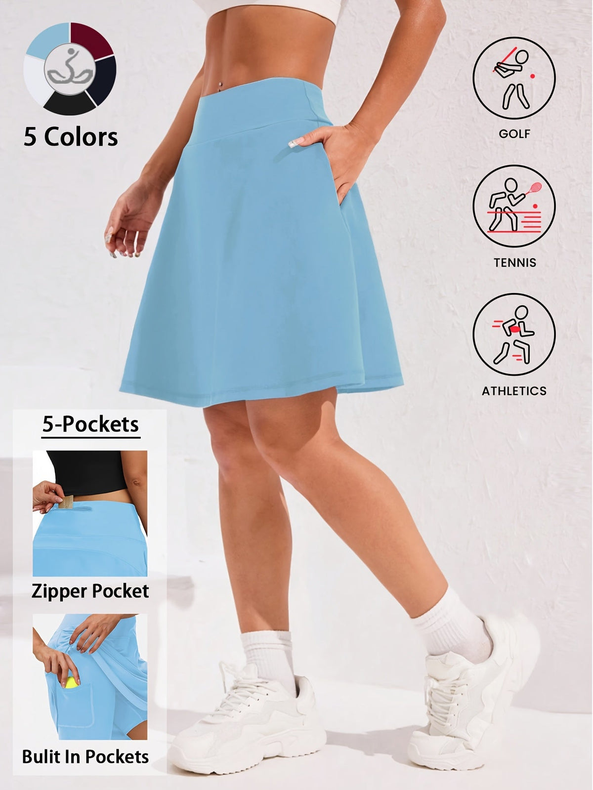 Jupe-short pour femme, longueur genou, 50 cm, avec 5 poches – Jupe de sport taille haute avec short intégré pour le tennis, le golf et le pickleball, jupe-short longue de sport, tailles S-XXL, coloris variés