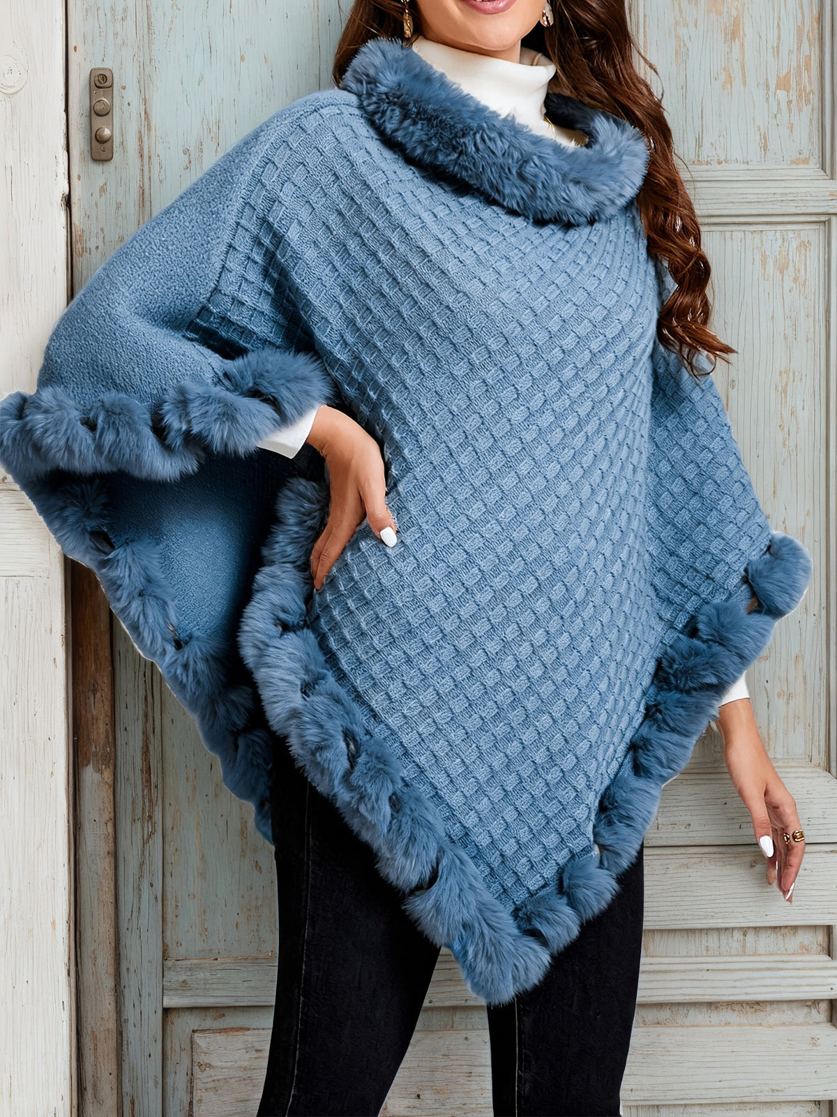 Poncho châle en tricot gaufré pour femme avec bordure en fausse fourrure - Pull élégant sans manches à col montant, cape enveloppante chaude de couleur unie pour l'automne et l'hiver, 8 couleurs taille unique