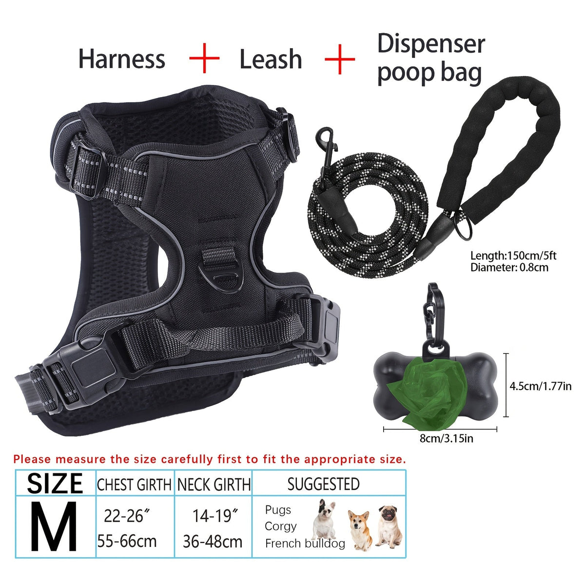 Ensemble harnais et laisse pour chien 4 pièces, gilet réfléchissant en Oxford anti-traction et anti-étranglement avec laisse, distributeur de sacs à déjections et poignée de contrôle facile, pour chiens moyens et grands, dressage et promenade en extérieur