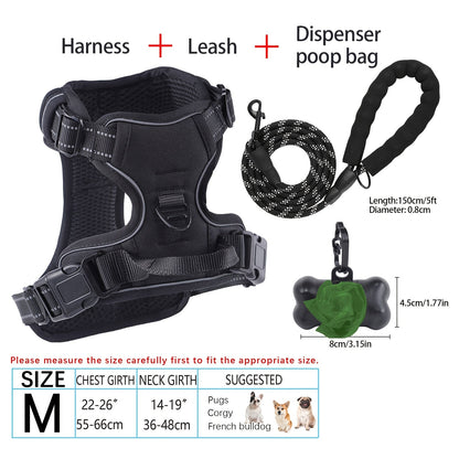 Ensemble harnais et laisse pour chien 4 pièces, gilet réfléchissant en Oxford anti-traction et anti-étranglement avec laisse, distributeur de sacs à déjections et poignée de contrôle facile, pour chiens moyens et grands, dressage et promenade en extérieur