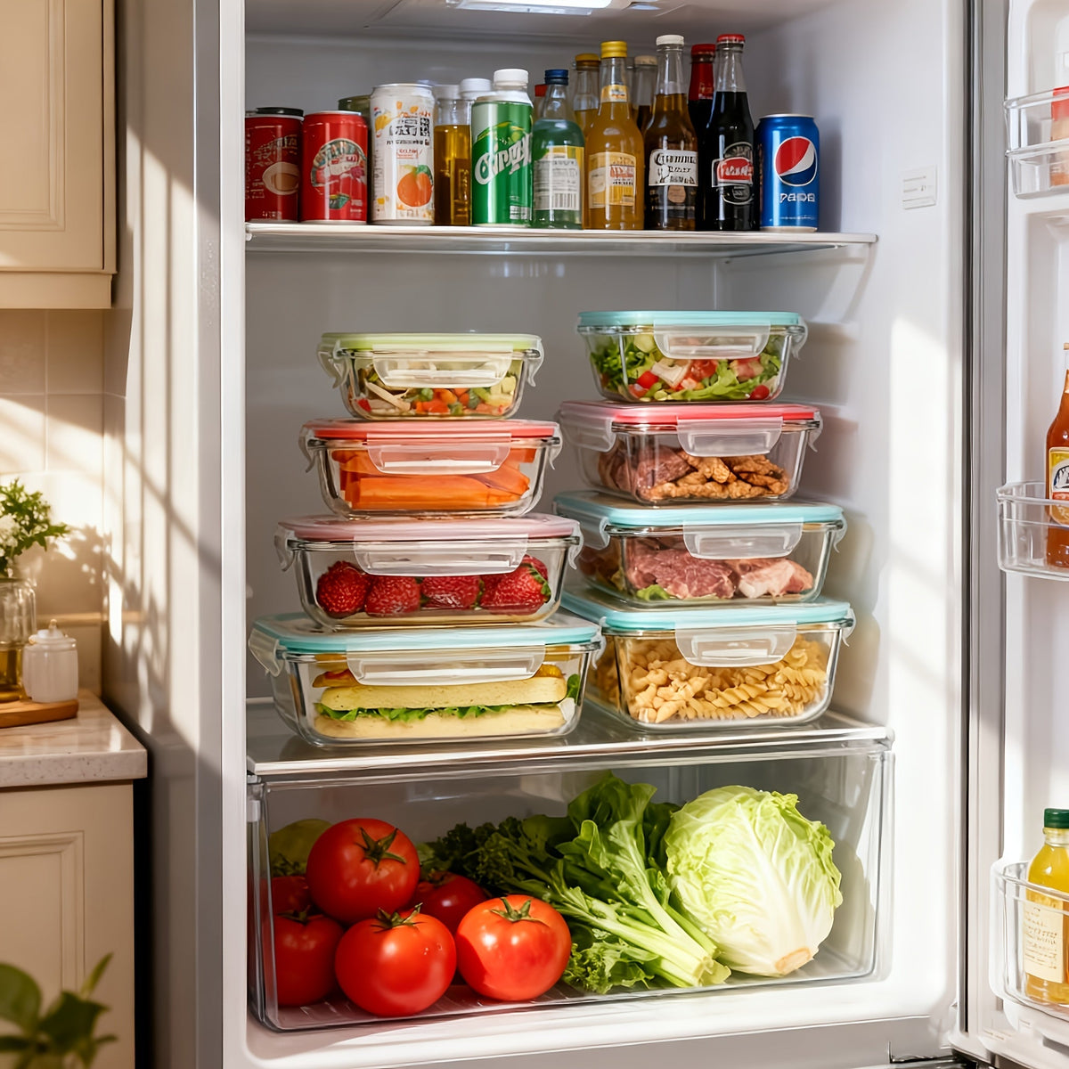 Ensemble de 16 récipients alimentaires en verre hermétiques – 8 couvercles et 8 récipients, compatibles micro-ondes et four, sans BPA, parfaits pour la préparation des repas, salades, fruits, légumes, sandwichs et pique-niques en extérieur