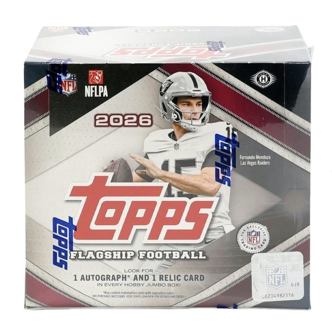 Coffret Hobby Jumbo NFL Topps Flagship 2026 – 1 autographe et 1 carte relique garantis, 10 paquets de 40 cartes chacun, inserts de recrues Mahomes et Brady, autographes « Victory Ink » – Coffret de collection premium scellé en usine