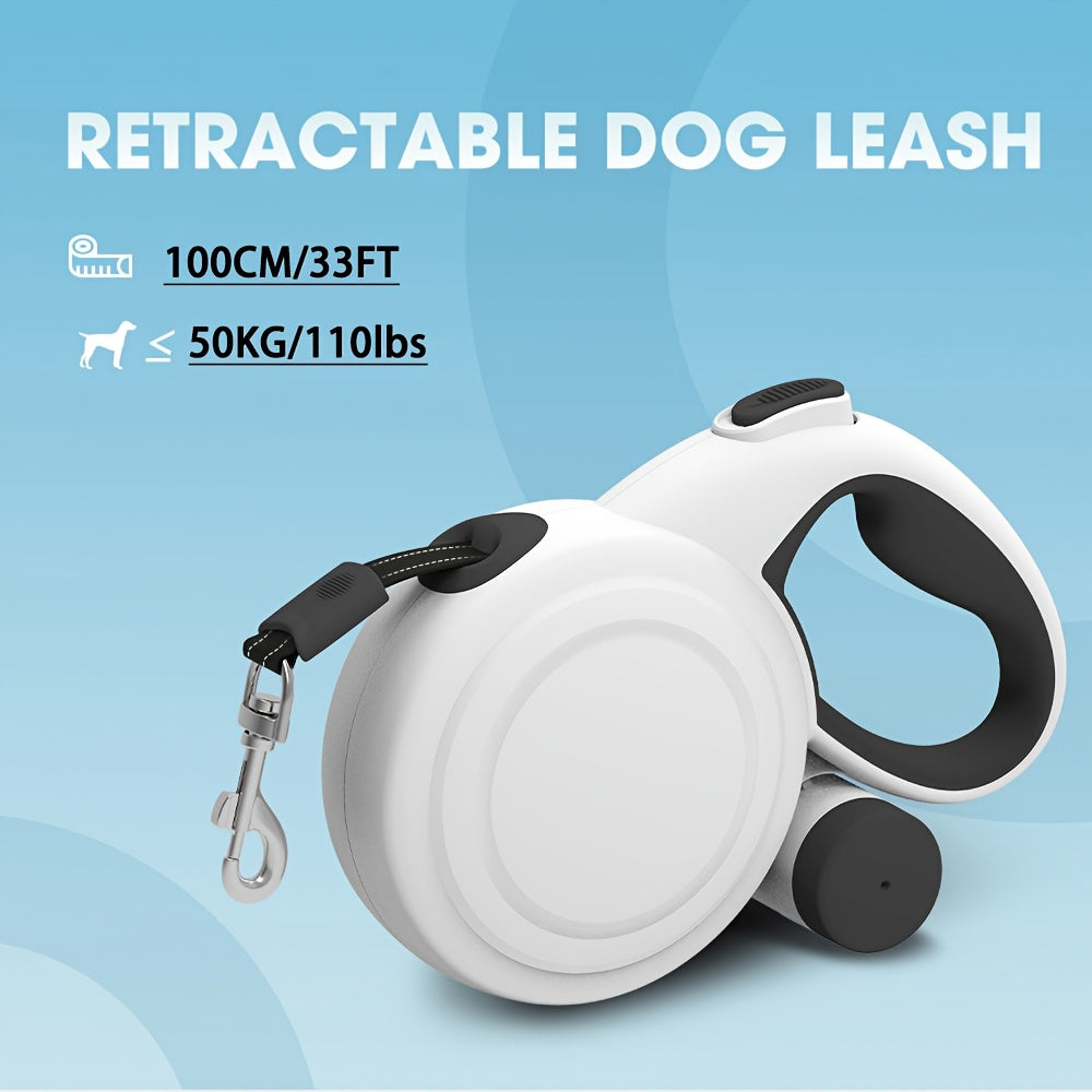 Laisse rétractable pour chien de 10 m avec bandes réfléchissantes et distributeur de sacs à déjections - Laisse robuste en nylon de 10 mètres avec contrôle à bouton unique anti-emmêlement à 360°, pour chiens moyens et grands, avec verrou de sécurité