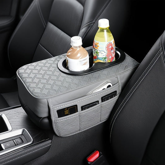 Tapis de console centrale et housse d'accoudoir de voiture en cuir PU | Ajustement universel, 2 poches latérales, 2 porte-gobelets, rangement pour téléphone et cartes, boîte à mouchoirs intégrée – Noir, Gris, Rouge, Beige, Marron, Crème