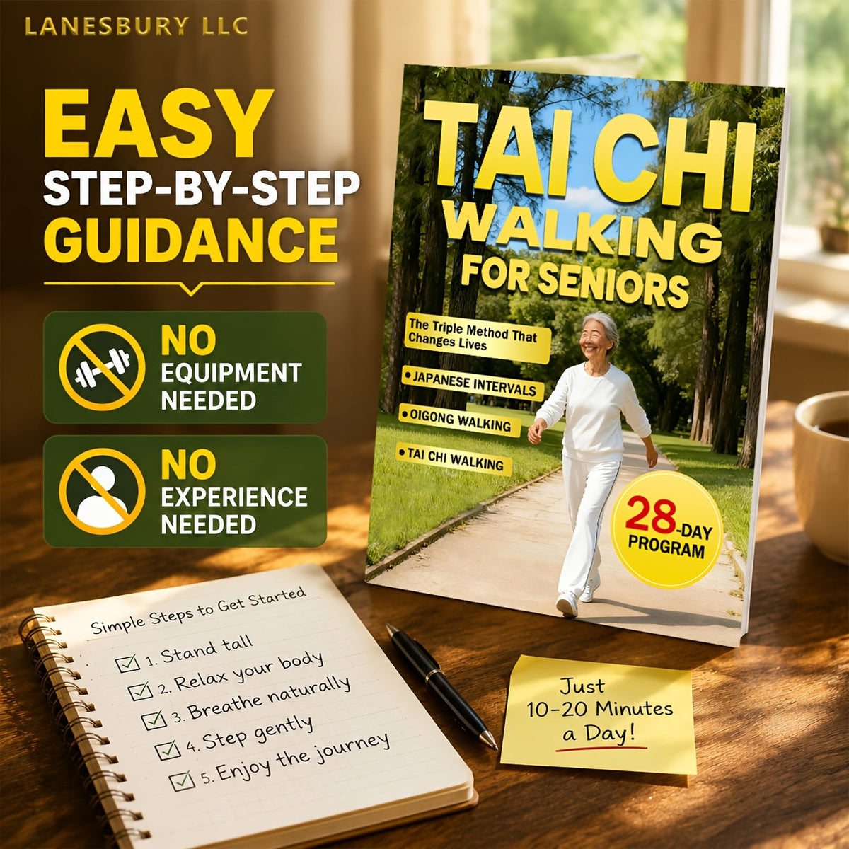 Marche Tai Chi pour les seniors - Perte de poids sans effort et soins doux avec la méthode triple sur 28 jours, intervalles japonais et marche Qigong, guide de fitness à faible impact pour les adultes âgés
