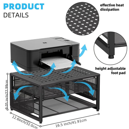 Support d'imprimante en métal pour bureau avec tiroir de rangement et 2 porte-stylos – Organisateur de bureau à 2 niveaux pour bureau à domicile, table d'imprimante polyvalente pour télécopieur, scanner et dossiers, bois et noir