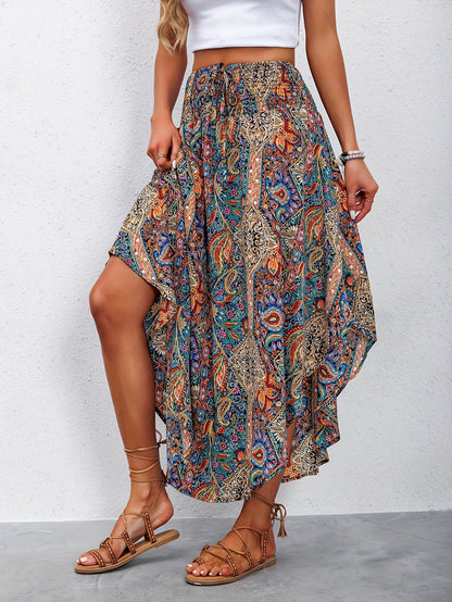 Women's High-Waisted Pleated Skirt – Stylish Printed Curved Hem Casual Midi Skirt for Summer, Spring & Everyday Wear