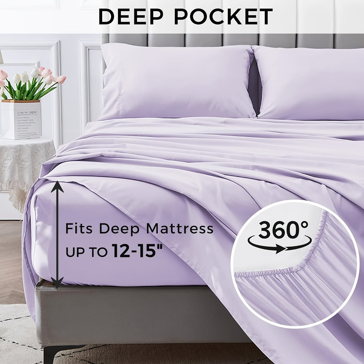 Parure de draps 4 pièces en microfibre à poches profondes – Draps ultra-doux et respirants de qualité hôtelière, résistants à la décoloration et au rétrécissement, toutes saisons, tailles lit simple, double, grand et très grand, choix de couleurs