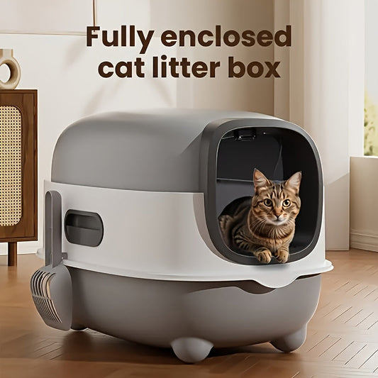 Bac à litière fermé pour chat avec pelle – Conception spacieuse, entièrement close et anti-éclaboussures, facile à nettoyer et à ranger, idéal pour les chats de petite à moyenne taille, disponible en gris, violet et bleu