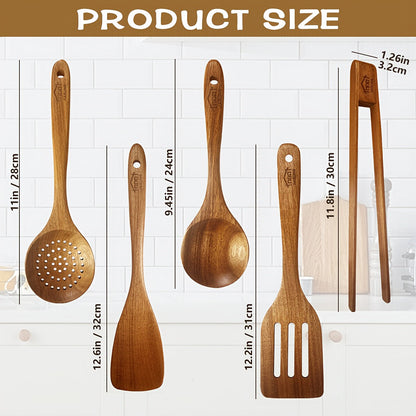 Ensemble d'ustensiles de cuisine en bois 3/5/7 pièces, cuillères, spatules, spurtle, louche et spatule à wok en bois naturel avec poignées ergonomiques, outils de cuisine robustes, résistants à la chaleur et sans danger pour les revêtements antiadhésifs