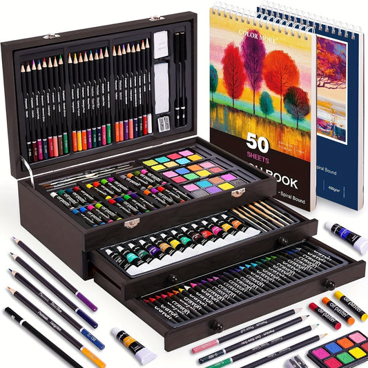 175-Piece Deluxe Art Set in Wooden Case – Professional Art Kit with 2 Drawing Pads, Crayons, Acrylic Paints & Colored Pencils, All-in-One Paint Supplies Gift for Kids & Adults, Cherry Pink Purple Blue Wood Brown