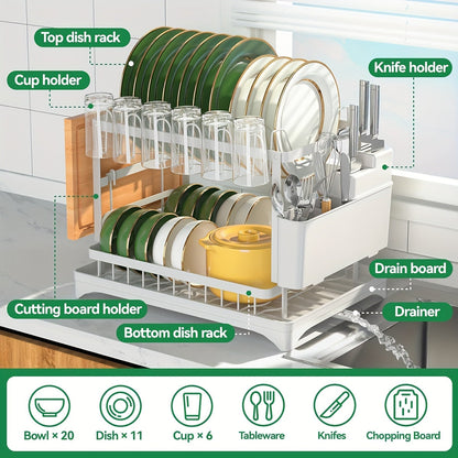 Égouttoir à vaisselle à 2 niveaux avec plateau d'égouttage pour comptoir de cuisine – Égouttoir en métal grande capacité avec plateau de récupération, organisateur pour assiettes, tasses et ustensiles, disponible en noir, blanc et gris