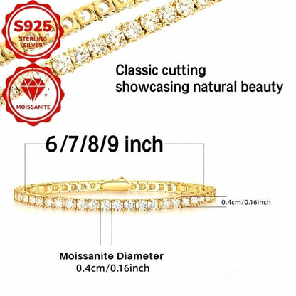 Bracelet tennis en argent  sterling S925 et moissanite pour femme – Finition or taille brillante 4 mm, style français élégant, hypoallergénique, tailles 15 à 23 cm, cadeau parfait pour un mariage ou un anniversaire (7,71 g)