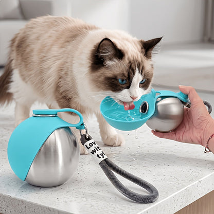 Gourde de voyage en acier inoxydable pour animaux – Bouteille étanche de 285 ml pour chiens et chats avec écuelle pliable pour la randonnée, la marche et le camping, acier 304, bleu et rose