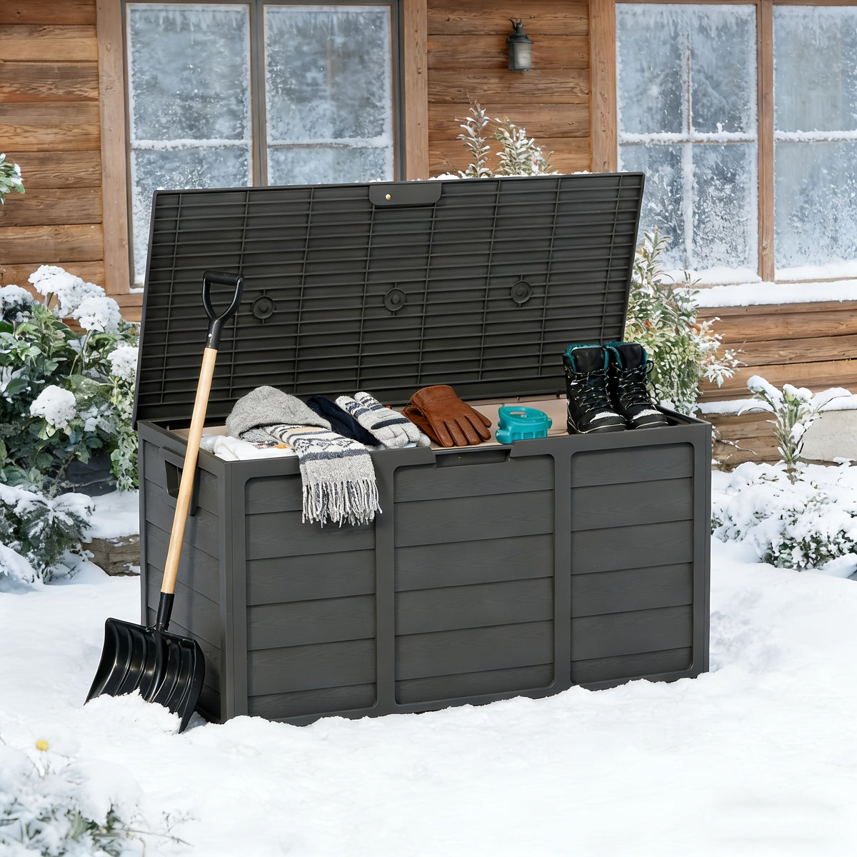 Coffre de rangement extérieur en résine de 284 litres avec poignées pour accessoires de piscine, outils de jardin et équipement de camping