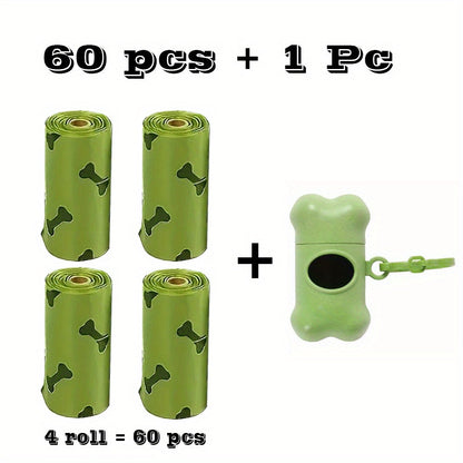 Dog Poop Bags with Dispenser 61-Piece Set - 60 Leak-Proof Unscented Waste Bags on 4 Rolls with Bone Design Dispenser Holder, Biodegradable-Friendly Dog Waste Bags for Outdoor Walks, Parks & Travel Pet Cleaning