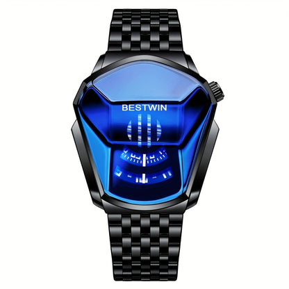Montre à quartz pour homme avec cadran à strass bleus et bracelet en acier – Montre-bracelet tendance et professionnelle, doré et noir, cadeau pour lui