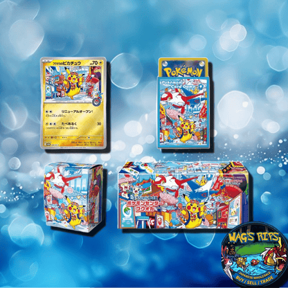 Coffret spécial version japonaise du Pokémon Center de Fukuoka – Carte promo Pikachu « Mirrorfoil » de Fukuoka, 64 protège-cartes, boîte de deck et boîte de rangement longue pour cartes