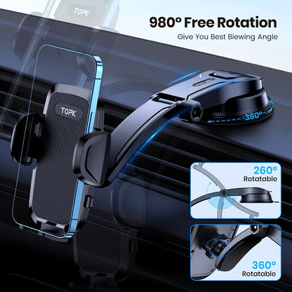 Support téléphone voiture – Fixation tableau de bord et pare-brise rotative à 360° améliorée, support universel mains libres compatible iPhone 15 14 13, Samsung Galaxy, téléphones Android | Velora