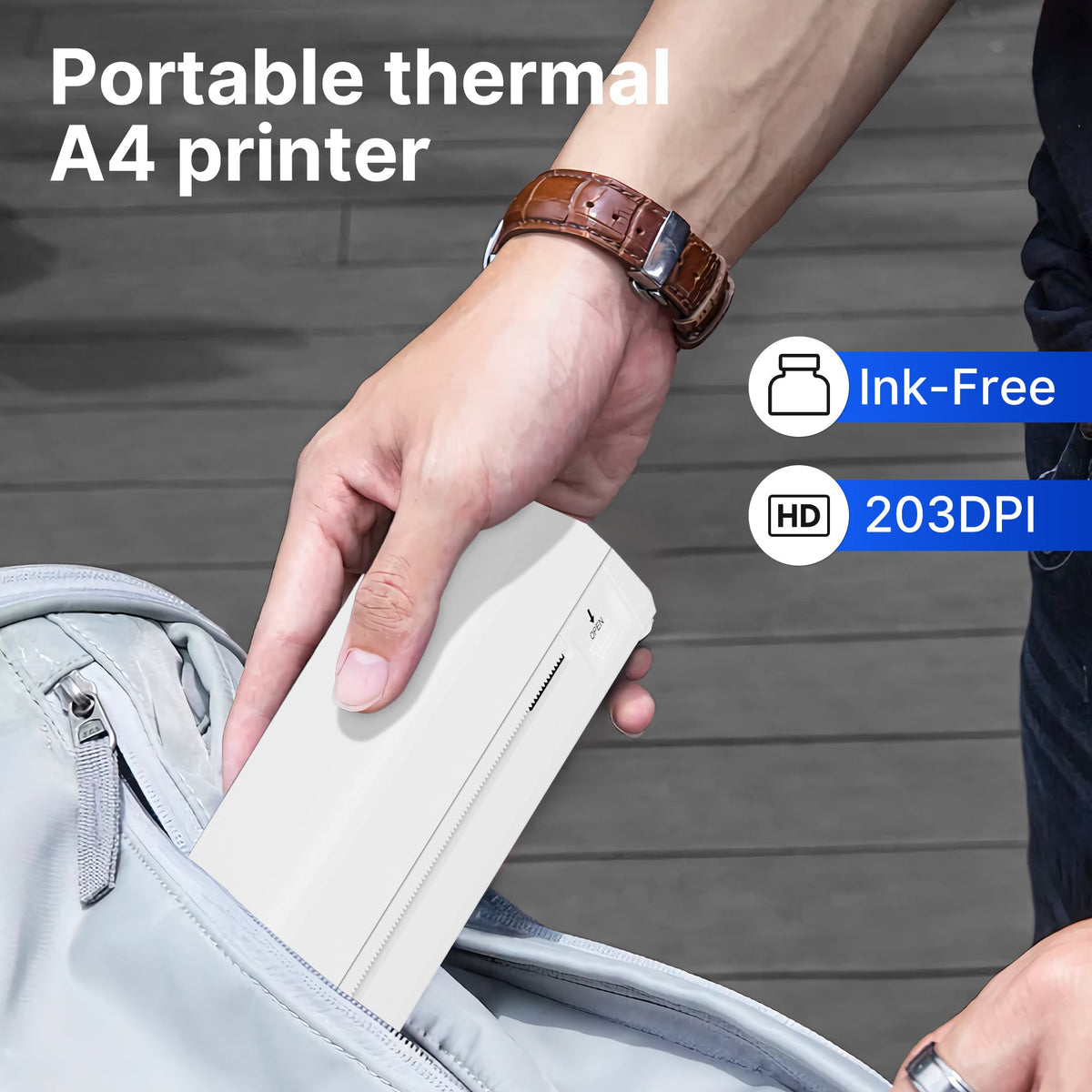 Imprimante thermique portable sans fil A4 sans encre – Imprimante de voyage compacte pour iPhone, Android et ordinateur portable – Compatible avec papier plié, rouleau et papier transfert de tatouage – Maison, bureau, école