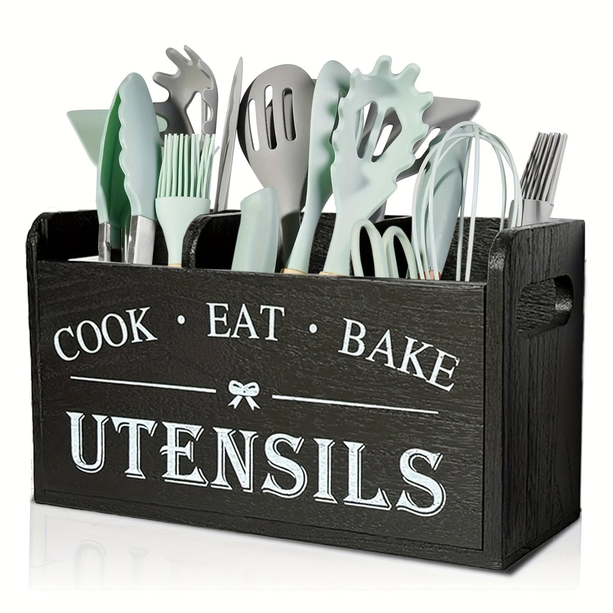 Organisateur d'ustensiles de cuisine rustique en bois avec poignée et 3 compartiments – Rangement pour comptoir ou mural pour outils de cuisine, de pâtisserie et de salle à manger – Rangement de cuisine style ferme en blanc et noir