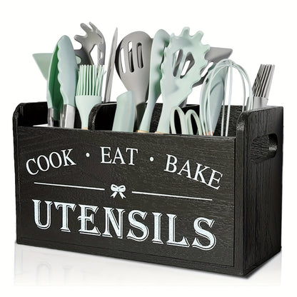 Organisateur d'ustensiles de cuisine rustique en bois avec poignée et 3 compartiments – Rangement pour comptoir ou mural pour outils de cuisine, de pâtisserie et de salle à manger – Rangement de cuisine style ferme en blanc et noir