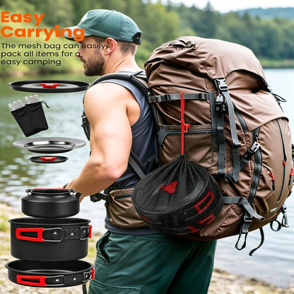 Kit de cuisine de camping 8/9/14/15 pièces, ensemble de cuisson portable antiadhésif en alliage d'aluminium avec bouilloire, casserole, poêle, assiettes et ustensiles, équipement de cuisine léger pour randonnée et voyage