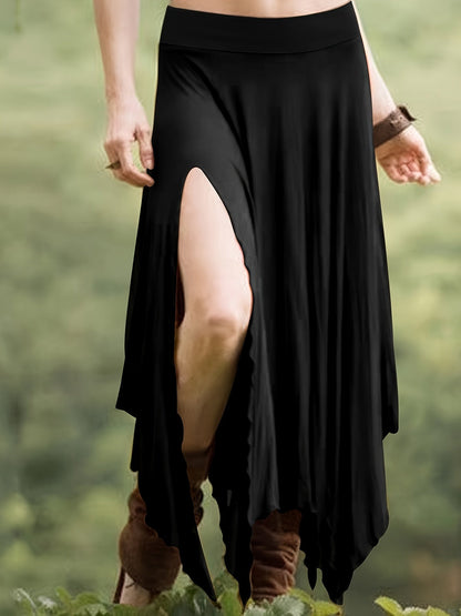 Jupe asymétrique pour femme - Jupe midi fendue à taille haute avec cordon de serrage, maille extensible 95 % polyester, style vintage décontracté pour le printemps et l'été
