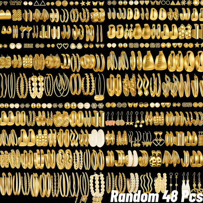 Lot de 48 paires de boucles d'oreilles bohèmes dorées pour femmes – Assortiment de clous, créoles et pendantes minimalistes vintage – Idéal pour le quotidien, les fêtes, les vacances et les cadeaux