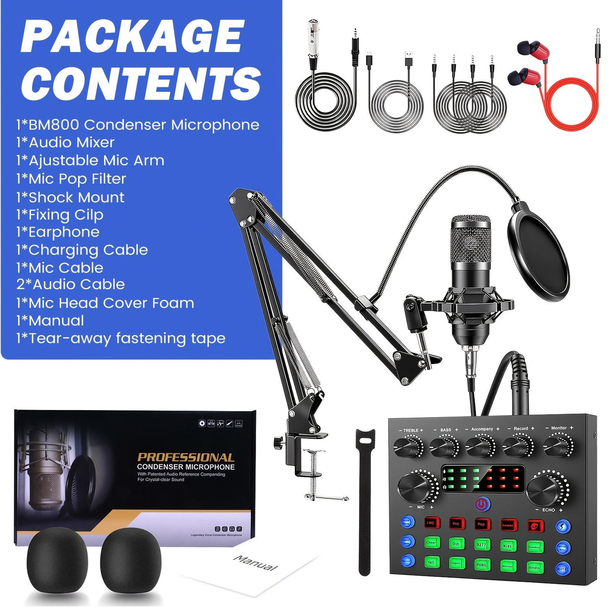 Kit d'enregistrement avec microphone à condensateur et carte son BM800 – Pack studio à domicile pour podcasting, streaming, voix off et musique, compatible avec PC, smartphone et tablette, plusieurs modèles disponibles