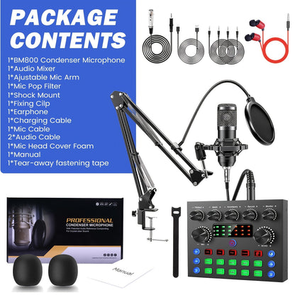 Kit d'enregistrement avec microphone à condensateur et carte son BM800 – Pack studio à domicile pour podcasting, streaming, voix off et musique, compatible avec PC, smartphone et tablette, plusieurs modèles disponibles