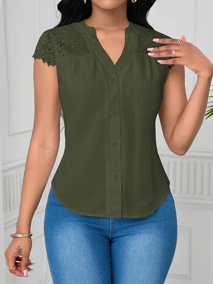 Women's Elegant Lace Patchwork Blouse – V-Neck Striped Semi-Sheer Woven Top for Summer, Casual & Weekend Wear