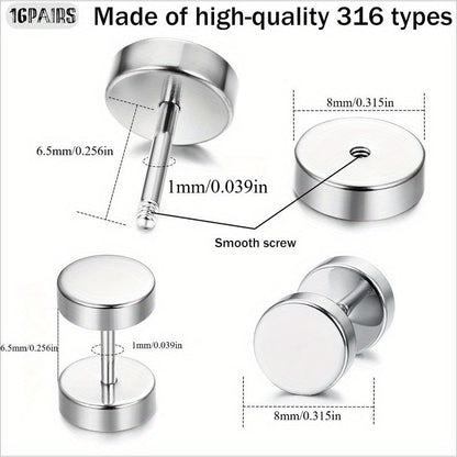 Lot de 16 fausses boucles d'oreilles écarteurs pour hommes et femmes – Clous d'oreilles style plug en acier inoxydable 316L, 8 mm, styles variés noirs et argentés, ensemble de boucles d'oreilles hypoallergéniques, idéal pour un cadeau