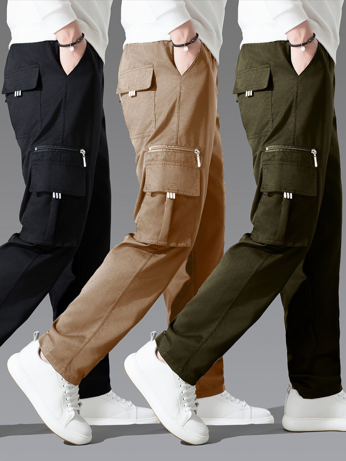 Lot de 3 pantalons cargo pour homme, coupe droite multipoches – Pantalon de randonnée en polyester tissé uni pour le printemps et l'automne, tailles S à XXXL, 9 combinaisons de couleurs