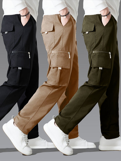 Lot de 3 pantalons cargo pour homme, coupe droite multipoches – Pantalon de randonnée en polyester tissé uni pour le printemps et l'automne, tailles S à XXXL, 9 combinaisons de couleurs