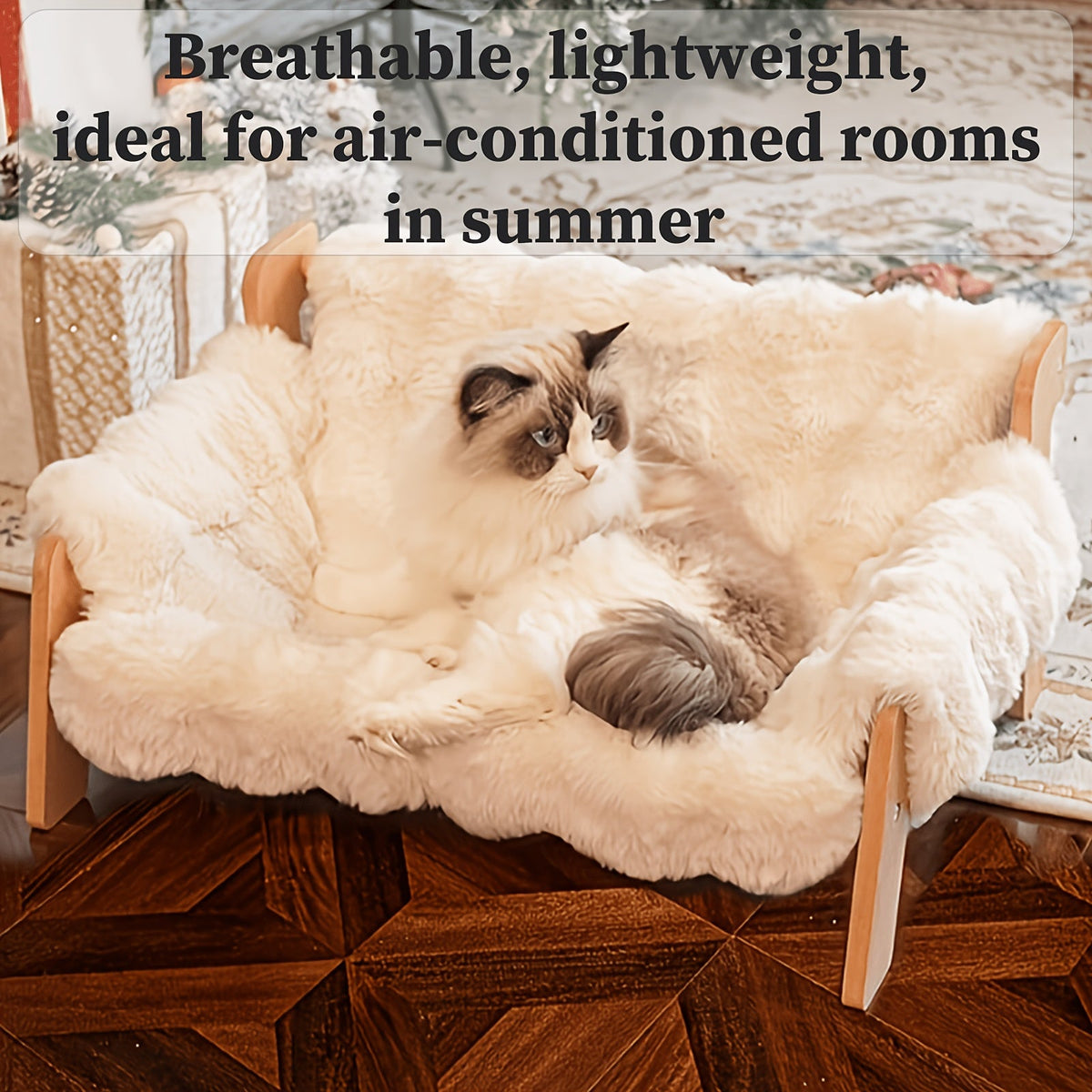 Canapé-lit surélevé pour animaux, fauteuil de repos pour chien et chat en bois massif avec tapis en bambou, meuble moderne pour petits et moyens chiens et chats, robuste et élégant, gris et blanc