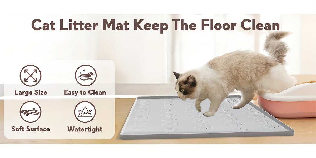 Tapis de litière pour chat en silicone XXL 3-en-1 – Protection de sol lavable et antidérapante avec bords surélevés, retient la litière, les croquettes et les miettes, tapis d'alimentation pliable pour chats, 86 x 56 cm, gris clair et gris foncé