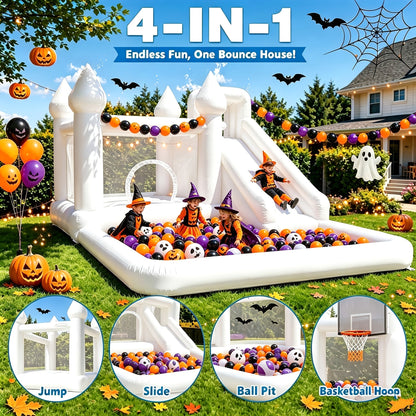 Bounce House with Blower for Kids 13x10x8 Ft – White Inflatable Bouncy Castle for Backyard, Ball Pool, Parties & Weddings, Oxford Cloth, Mesh Walls, 2-Min Setup, 200 LBS Capacity