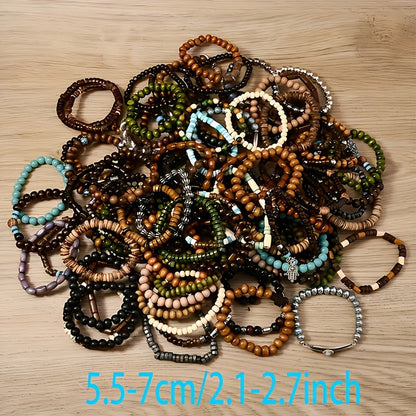 Ensemble de bracelets bohèmes en perles de bois – Bracelets élastiques empilables avec breloques tortue, croix, feuille et plume, couleurs assorties, au choix par 12, 24, 47 ou 87 pièces – Parfait pour un usage quotidien et offrir en cadeau