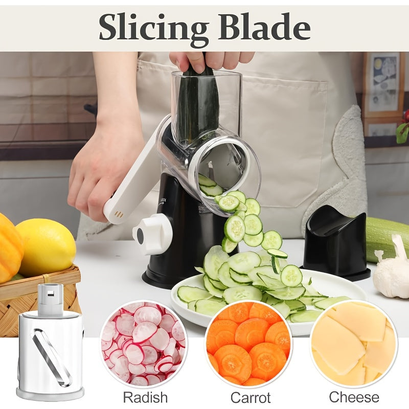 Râpe à fromage rotative manuelle avec 3 lames interchangeables - Base à ventouse antidérapante, brosse de nettoyage incluse, pour fromage frais, légumes et noix, cadeau d'ustensile de cuisine
