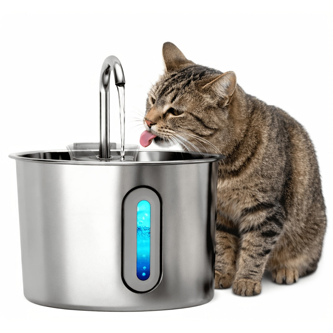 Fontaine à eau pour chat en acier inoxydable 2,2 L - Pompe USB ultra-silencieuse, débit type robinet, filtre à 3 étapes et fenêtre de niveau d'eau visible, fontaine automatique pour chats et petits chiens en intérieur