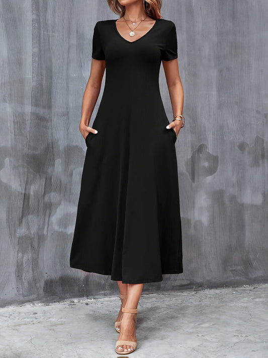Robe trapèze à col en V avec poches pour femme, manches courtes, décontractée, couleur unie, tricot extensible, lavable en machine, bleu, noir, bleu marine, bordeaux, olive, vert foncé, S M L XL XXL